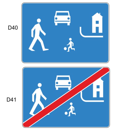 Znak D40 Strefa Zamieszkania lub D41 Koniec strefy