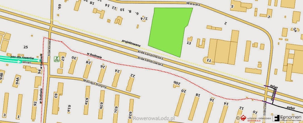 Mapa pokazująca nowy fragment drogi dla rowerów przy ul. Aleksandrowskiej 
