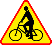 A-24: Znak ostrzega przed miejscem, w którym rowerzyści wyjeżdżają z drogi dla rowerów.