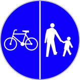 C-13 + C-16 droga dla pieszych i rowerów  Znak kompilacji C-13 i C-16 oznacza drogę, na której dopuszcza się tylko ruch pieszych i rowerów. Ruch pieszych i rowerzystów odbywa się odpowiednio po stronach drogi wskazanych na znaku, jeżeli symbole oddzielone są kreską pionową. W tym przypadku ruch pieszych odbywa się po prawej stronie drogi, a ruch rowerzystów po lewej.