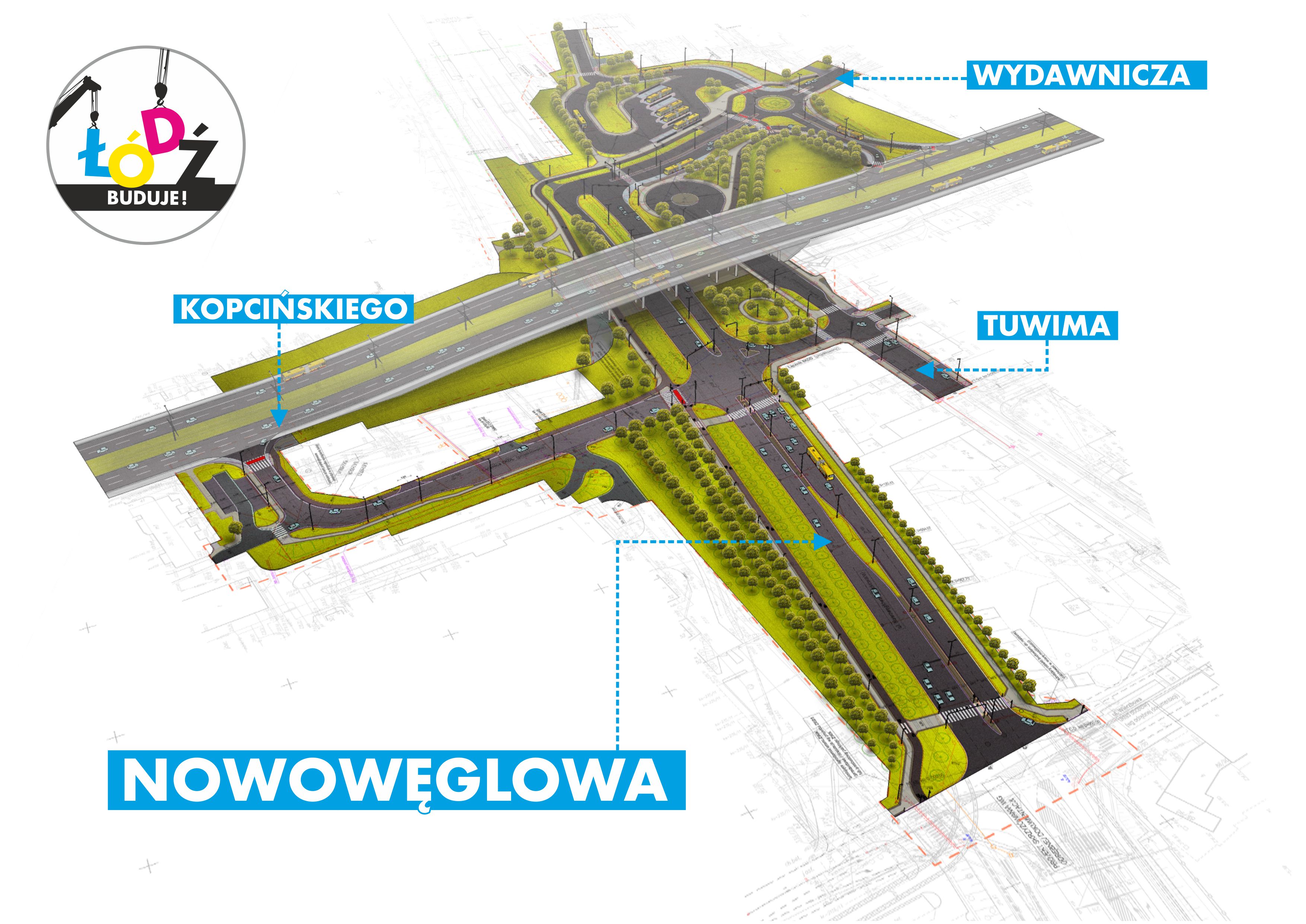 Wizualizacja ZIM pokazująca całość skrzyżowania od strony zachodniej (od dworca PKP Łódź Fabryczna)