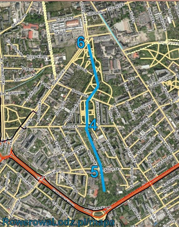 Planowany przebieg trasy rowerowej przez park Legionów