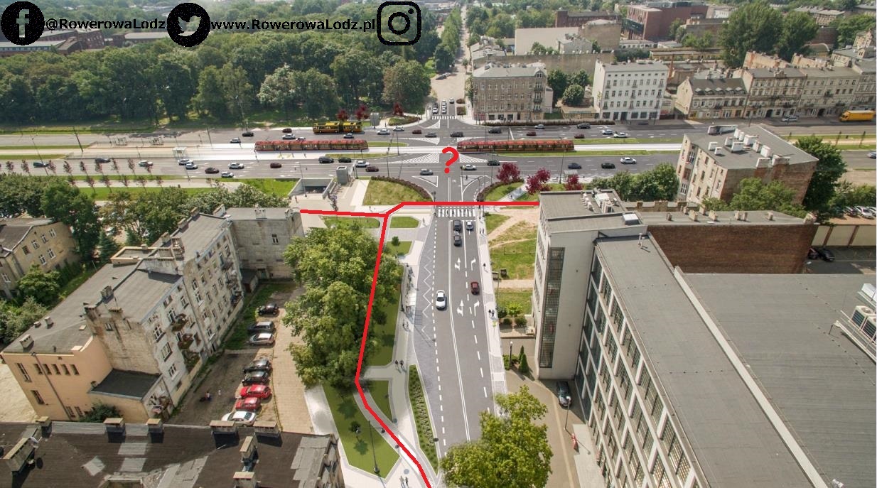 Na czerwono zaznaczone planowane i istniejące drogi dla rowerów. Dla chętnych dostania się na drugą stronę pozostaje znoszenie roweru po schodach (winda jest za mała aby zmieścił się rower). Dostania się z tej drogi dla rowerów na jezdnię nie zaplanowano w żaden sposób.